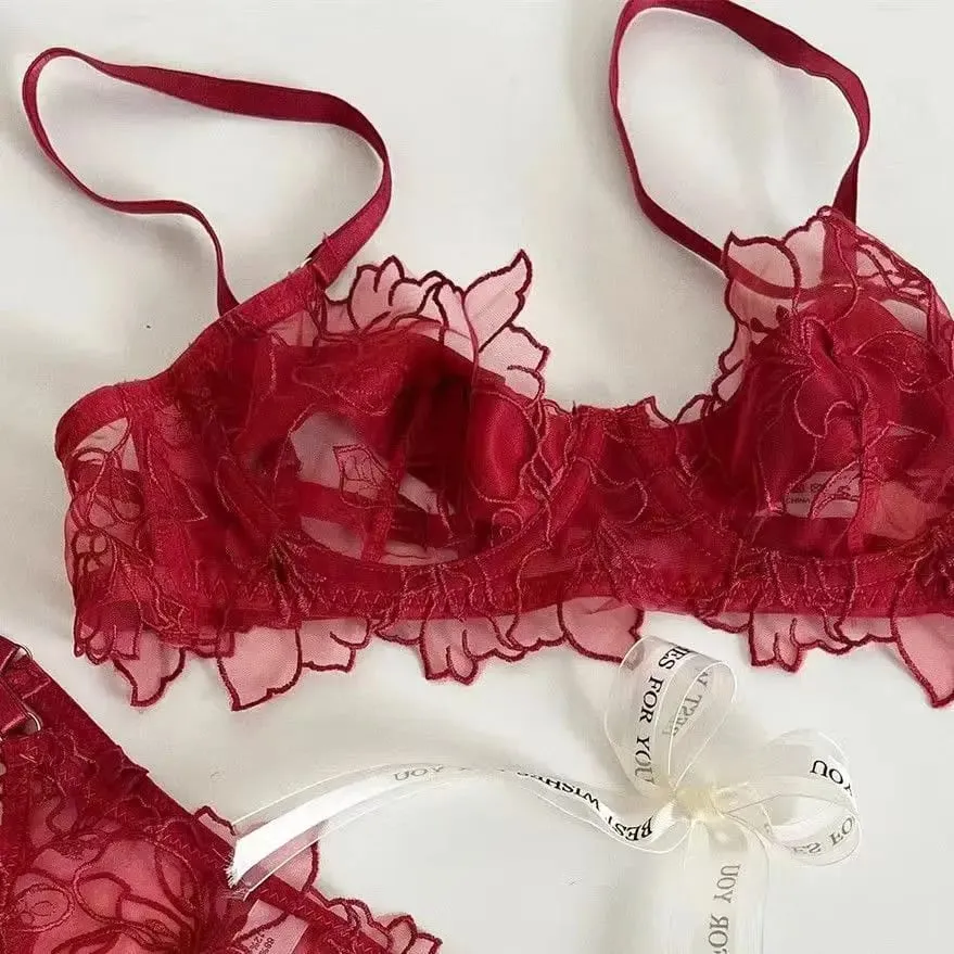 Sexy leichtes Spitzen-BH-Set, weicher Bügel für Hebung und Unterstützung, verhindert Durchhängen, exquisites, besticktes, zweiteiliges Dessous-Set