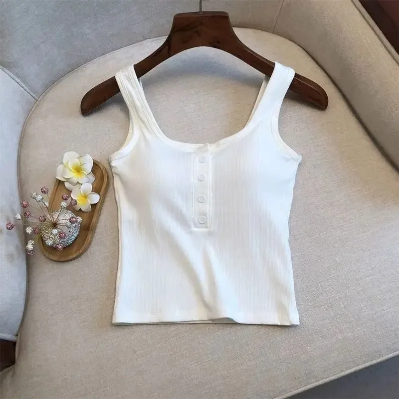 1Pcs Women's Ribbed Henley Tank Top Square Neck Button Front Built-in Bra Sleeveless Camisole