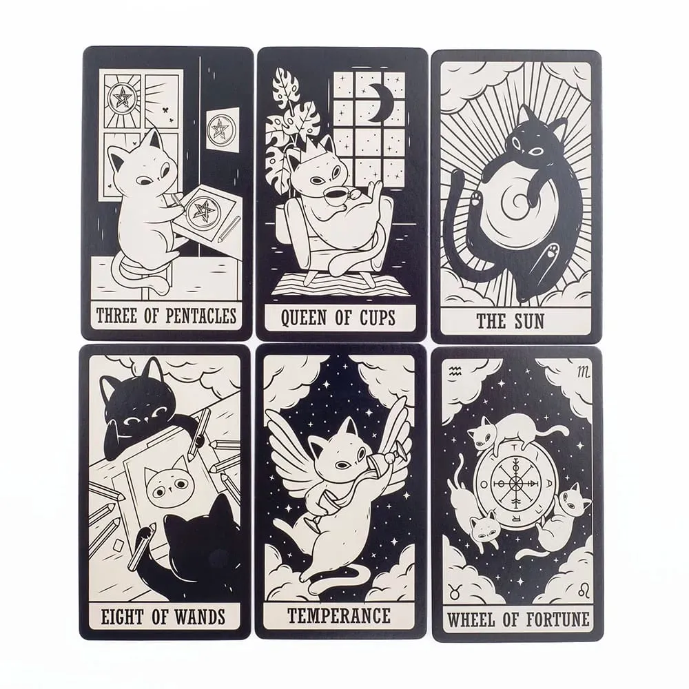 Kitten Tarot Deck 78Pcs Cute Black and White For Beginners Version Mysterious Board Game Fun Fortune telling Kit