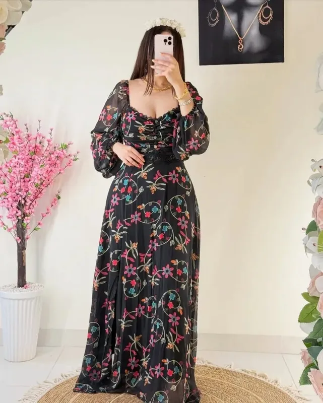2025 Spring Summer American New Fashion Women's Printed Lace V-neck Long Sleeve Ankle Length Casual Trendy Chiffon Dress Female — image 8