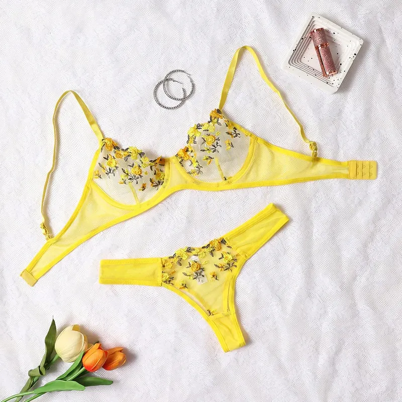 Conjunto de sujetador y bragas de lencería de encaje sexy, ropa interior para mujer, conjunto de Bralette con bordado de flores