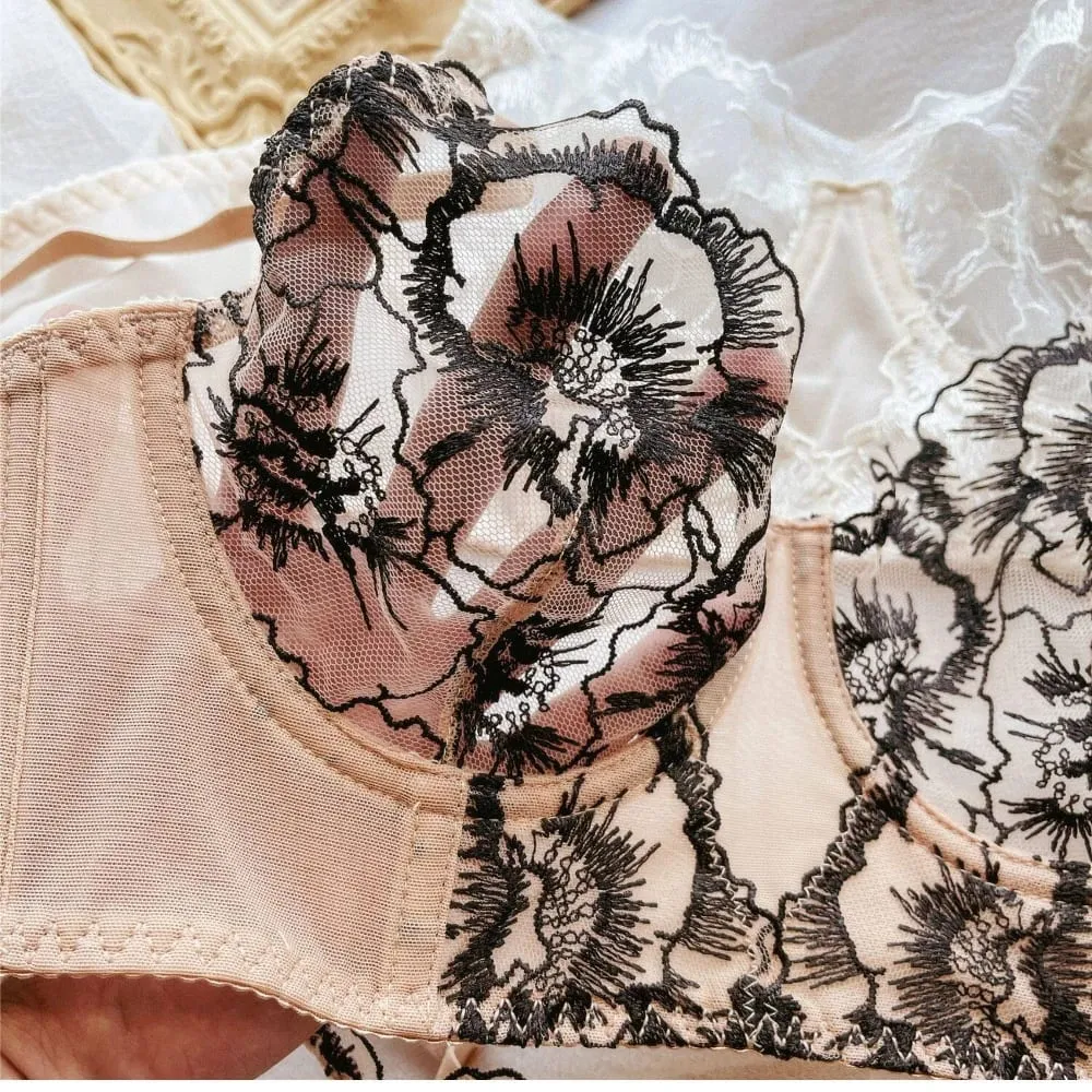 French Ultra Thin Women Underwear Set Sexy Lace Flowers Embroidery Bra Summer Ladies Wide Version Breathable Lingerie Thong Sets