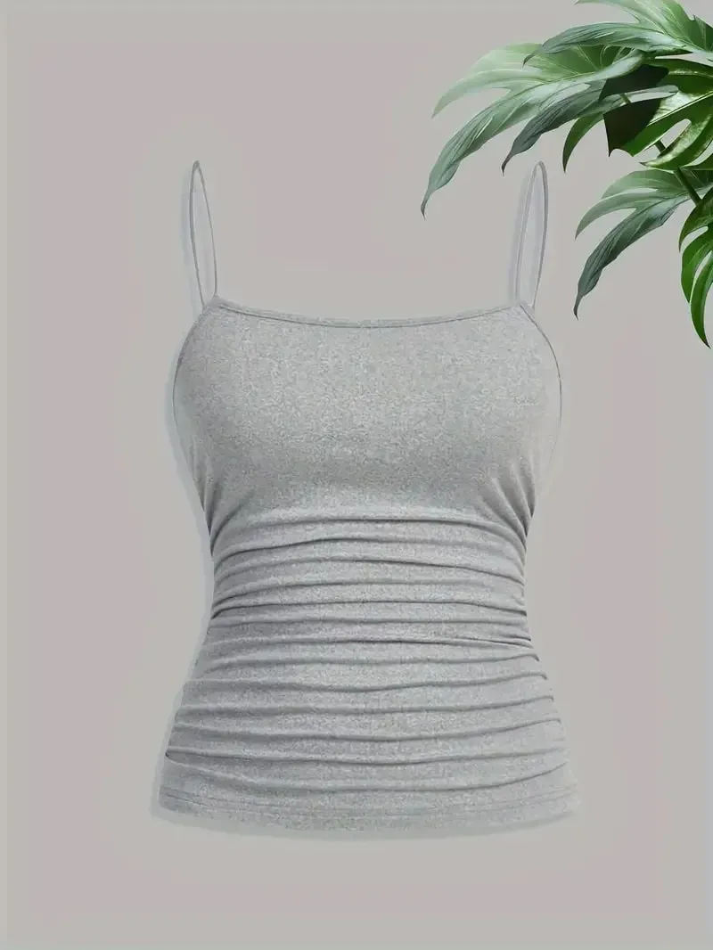 Women Elegant Thin Strap Ruched Cami Top Slim Fit Sleeveless Camisole Soft Stretch Basic Tank Vest Summer Fashion Underwear Blac