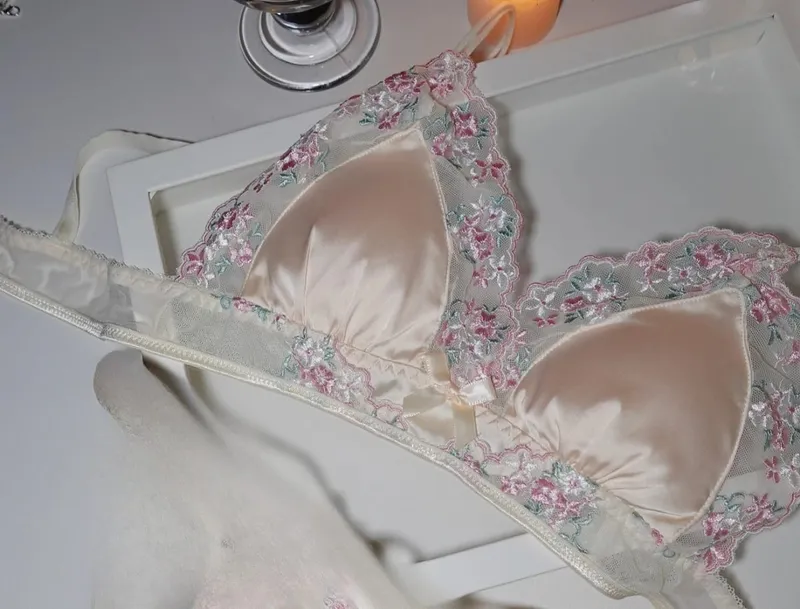Girls French Bra Thin Triangle Cup Purple Embroidery Light Luxury Silk Sexy Pure Desire Lace Underwear Set