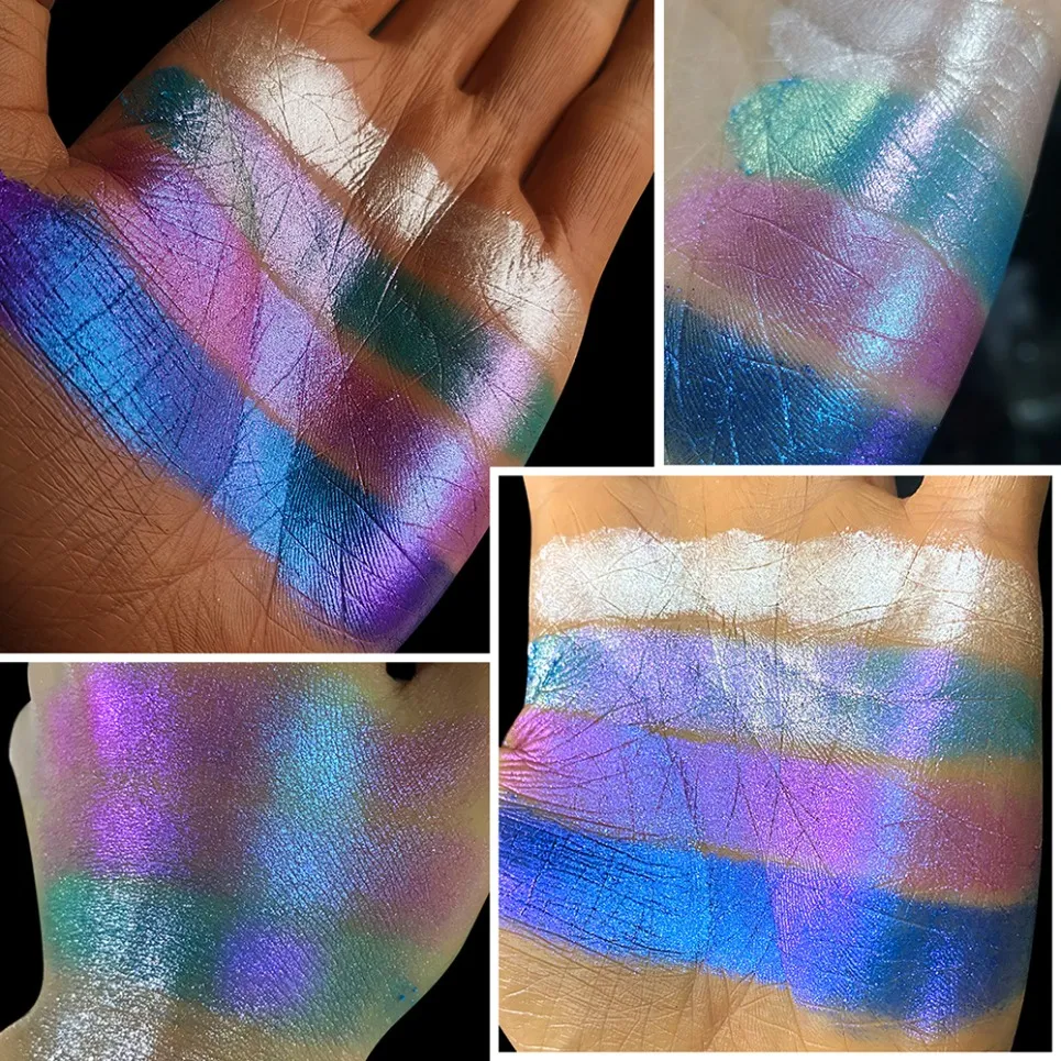 Paleta de sombras camaleão vegano de 4 cores, maquiagem de marca própria, atacado, logotipo personalizado, sombra de olhos com mudança de cor