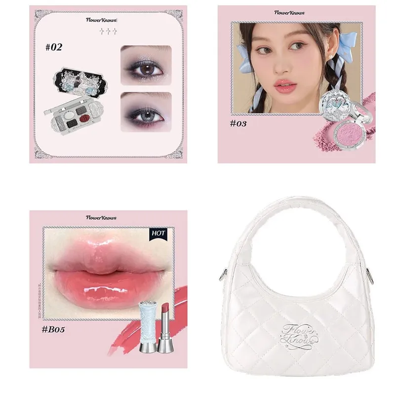 Flowerknows Zestaw do makijażu Zestaw podarunkowy Shimmer Full Box Blush Długotrwały aksamitny krem ​​do ust z torbą Zestaw De Maquiagem