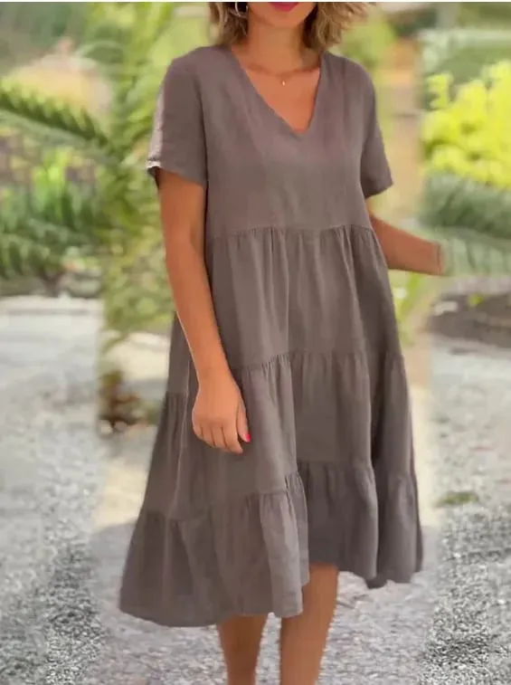 Abiti casual da donna in lino di cotone 2025 Primavera / Estate Dolce manica corta Scollo a V solido Abito ampio altalena S-5XL