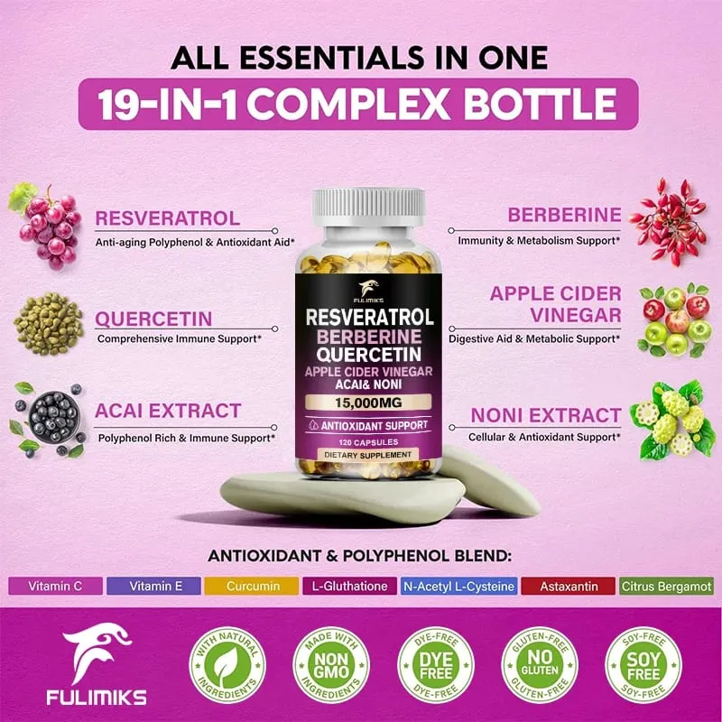 Resveratrol Capsules | Berberine | Quercetin | Apple Cider Vinegar - Antioxidant Heart Health & Metabolism - 60/120 Capsules