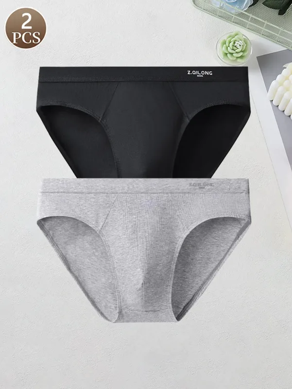 2PCS Men's Cotton Briefs Soft Basic Underwear Mid Waist Comfort Casual Underpants Solid Color Knitted Men's Brief
