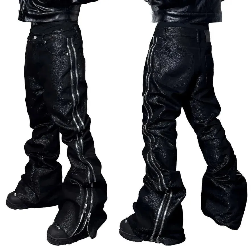 High Quality Silver Thread Woven Metal Texture Bootcut Jeans Man Side Double Zippers Gothic Punk Stacked Jeans — image 2