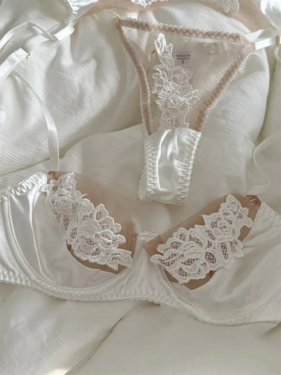 Gestickte Blumen Dessous dreiteilige Unterwäsche dünne BHs atmungsaktives Top Push-up Damen großes BH-Set