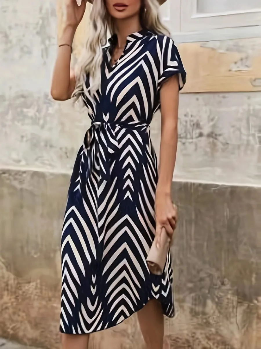 2024 Summer New Fashion Clothing Women's Elegant And Casual V-neck Short Sleeved Stripe Belt Comfortable Dress