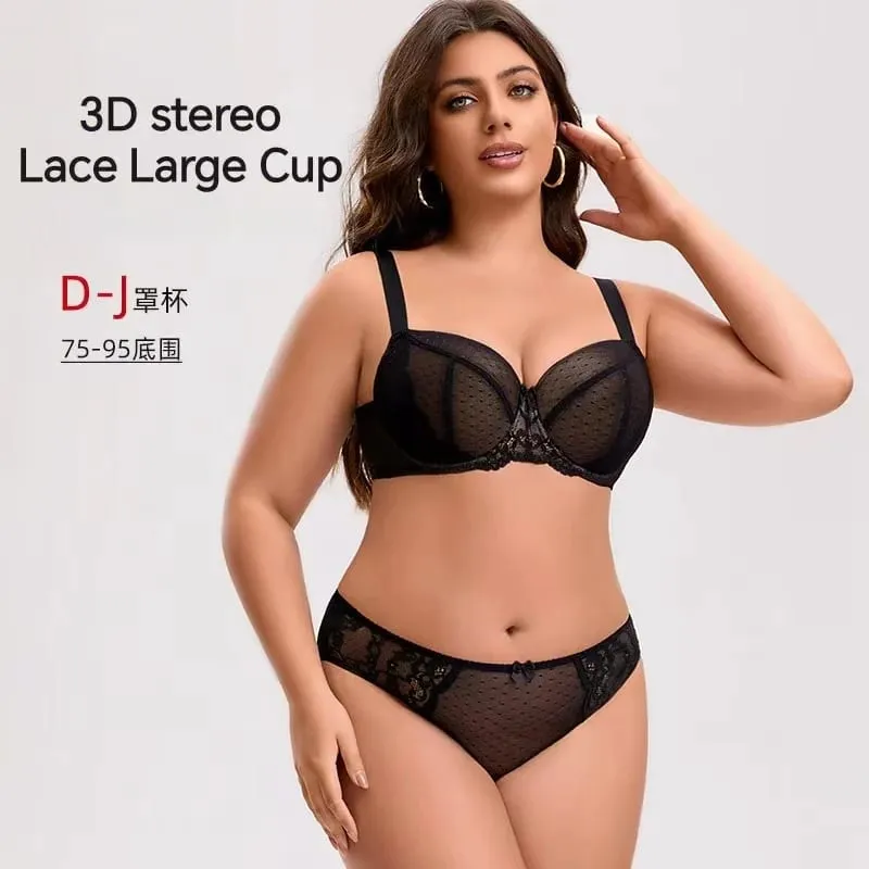 Plus Size Thin Bra Set for Large Busts D-H Cup Thin Breathable Maximum Support Anti-Sagging Lingerie For Women Full Coverage