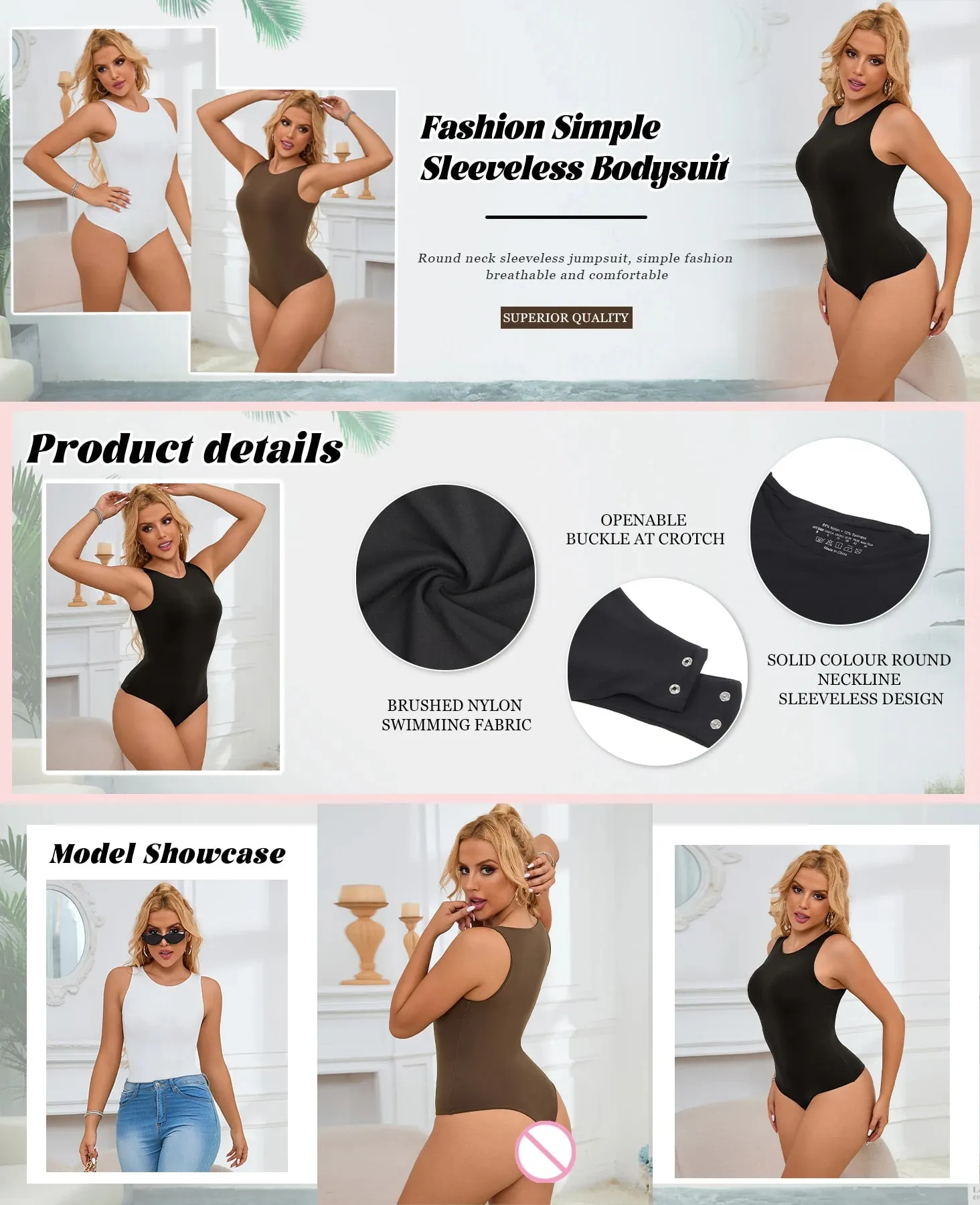 Women Sleeveless Stretch Base Layer Bodysuit One Piece Crew Neck Open Crotch Slim Fit Versatile Solid Tank Top S-2XL For Summer