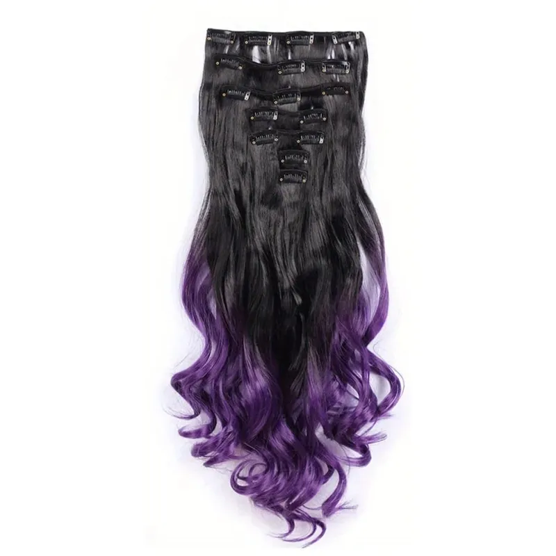 Clip in Hair Extensions Ombre Color Synthetic 7pcs Set Wavy Curly Hairpieces Black to Purple For Women Girls