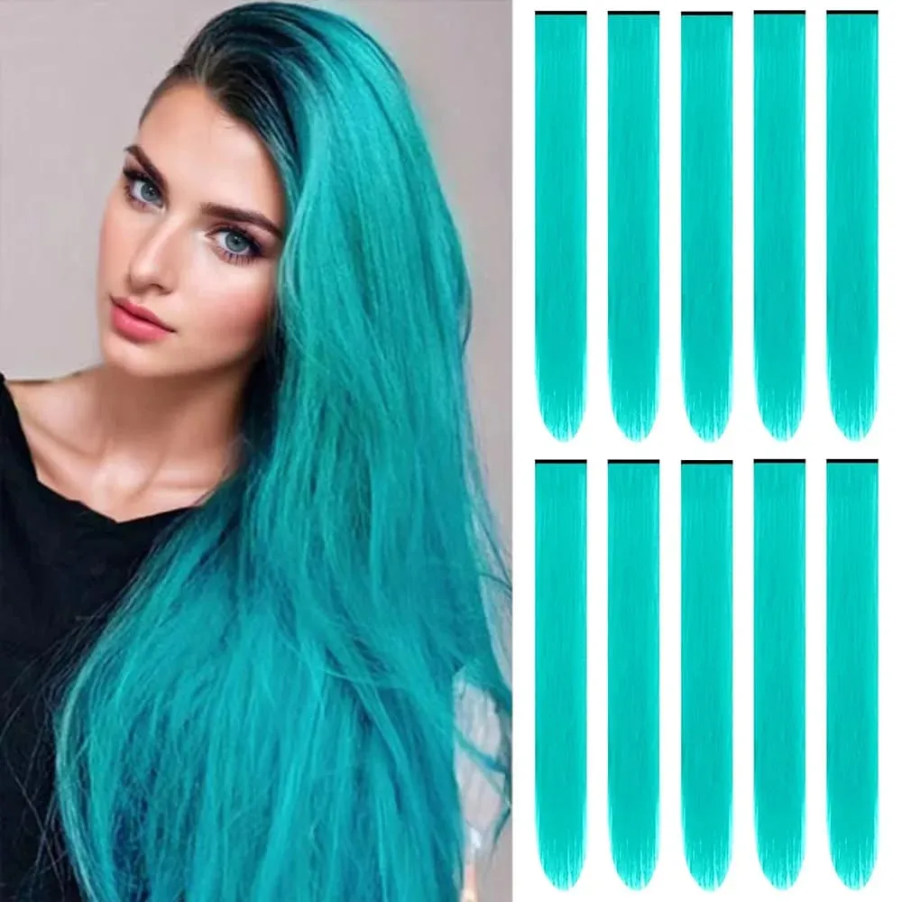10Pieces 22 inch Colored Hair Extensions Multi-colors Party Highlights Clip in Synthetic Hair Extensions