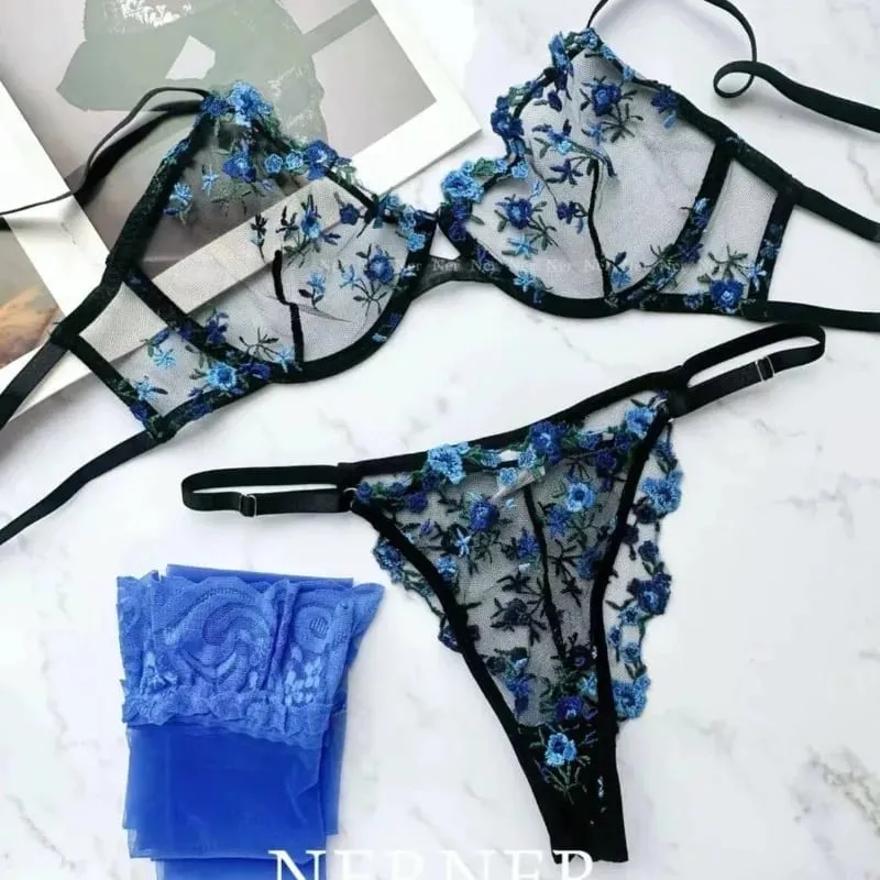 French Floral Bra Set Women | Sweet Sexy Sheer Mesh Lace Transparent Underwear Set | Practical & Feminine MOYISU Sexy Panty Set