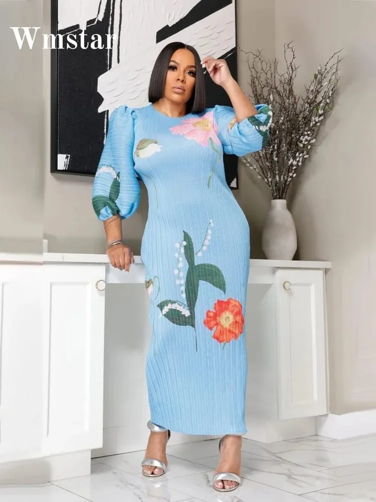 Wmstar vestidos femininos atacado moda senhoras de alta qualidade manga lanterna plissado flor impressão em torno do pescoço maxi vestido novo verão — image 2