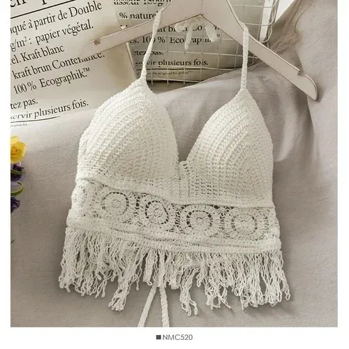 Crop Tops Retro Wild Hollow Perspective Tassel Sexy Spaghetti Strap Tanke Top Women Built In Bra New Back Lace Halter Neck