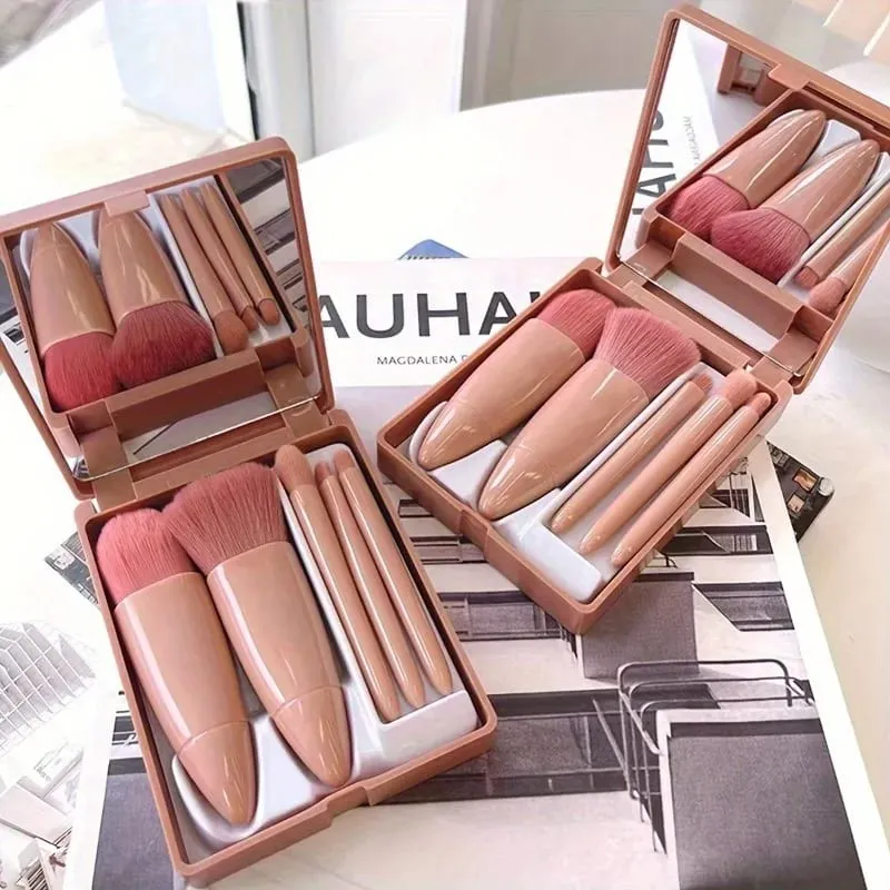 5pcs Mini Makeup Brush Set with Mirror - Multifunctional Travel Cosmetic Brushes Unscented Palm Brush Design Makeup Tools