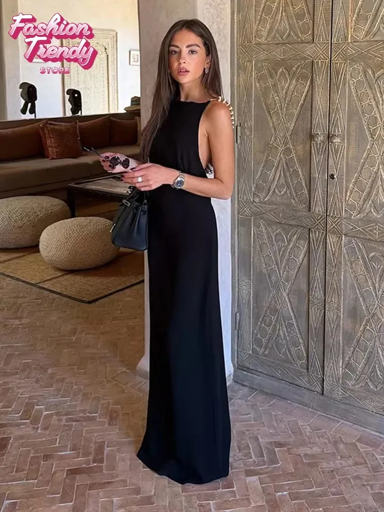 Solid Halter Backless Maxi-jurk met uitsnijding aan de zijkant Dames Stretch Jersey Vloerlengte Slanke bodycon-jurken Nachtclub Vakantiegewaad — image 7