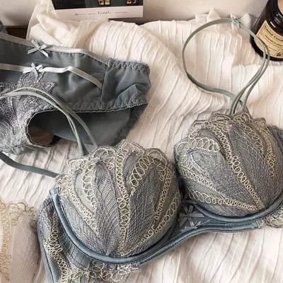Sexy Embroidery Lace Shell Half Cup Small Breasts Push Up Bra Set Thicken Adjustable Pad Brassiere Panties Girls Underwear