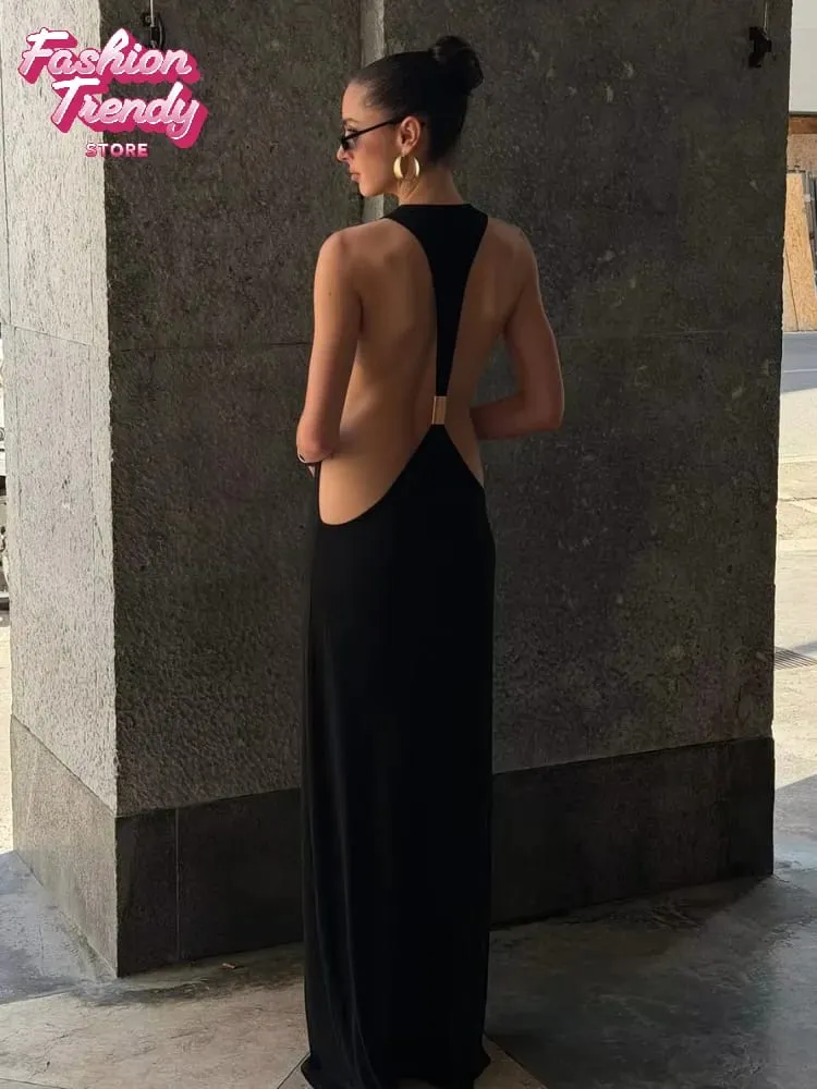 Solid Halter Backless Maxi-jurk met uitsnijding aan de zijkant Dames Stretch Jersey Vloerlengte Slanke bodycon-jurken Nachtclub Vakantiegewaad — image 4