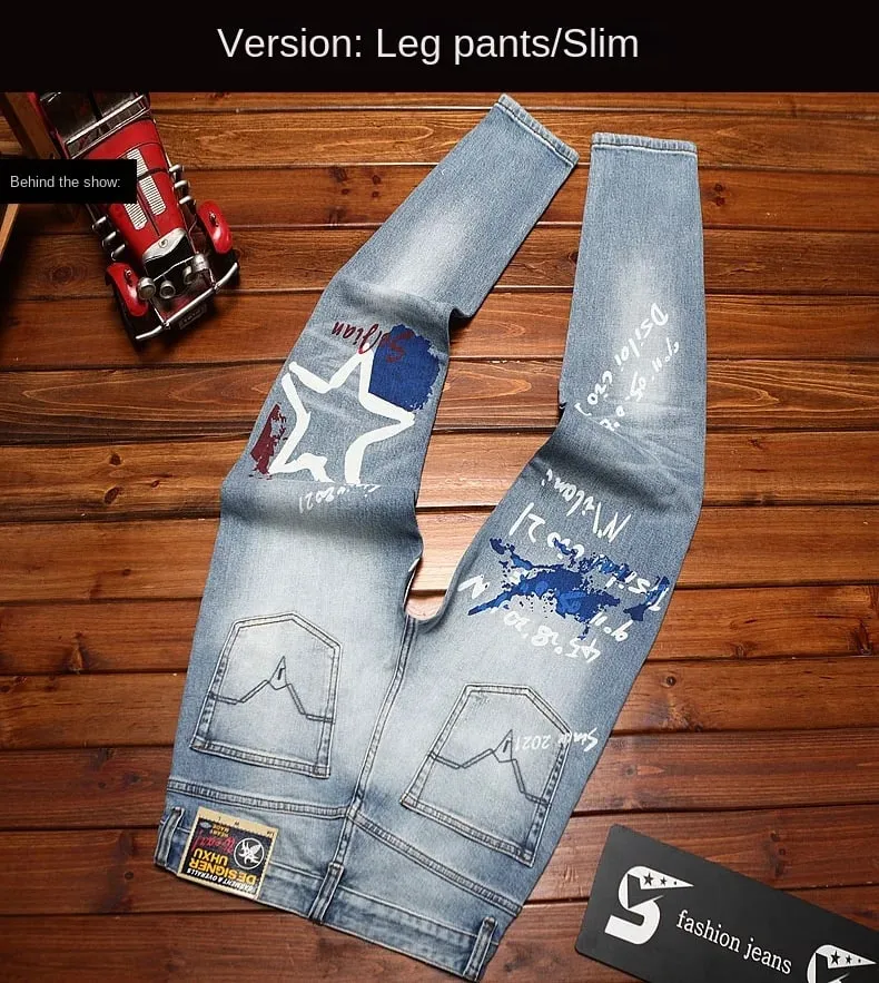 Fashionable printed jeans for men retro blue elastic slim fit small feet street fashion high-end denim casual pants