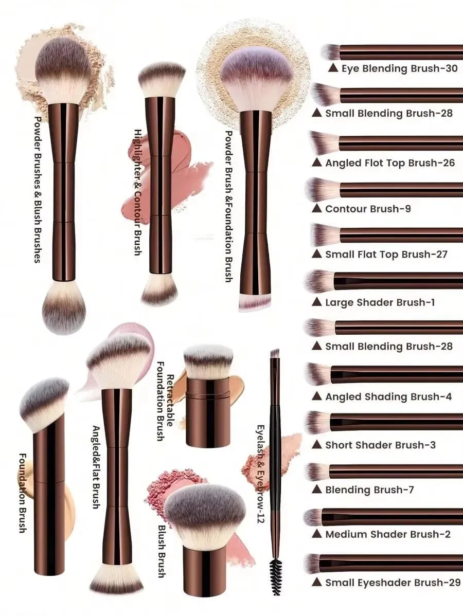 22-piece professional makeup tool set including a velvet storage bag 20 soft long aluminum tube brushes + 2 powder puff — image 2