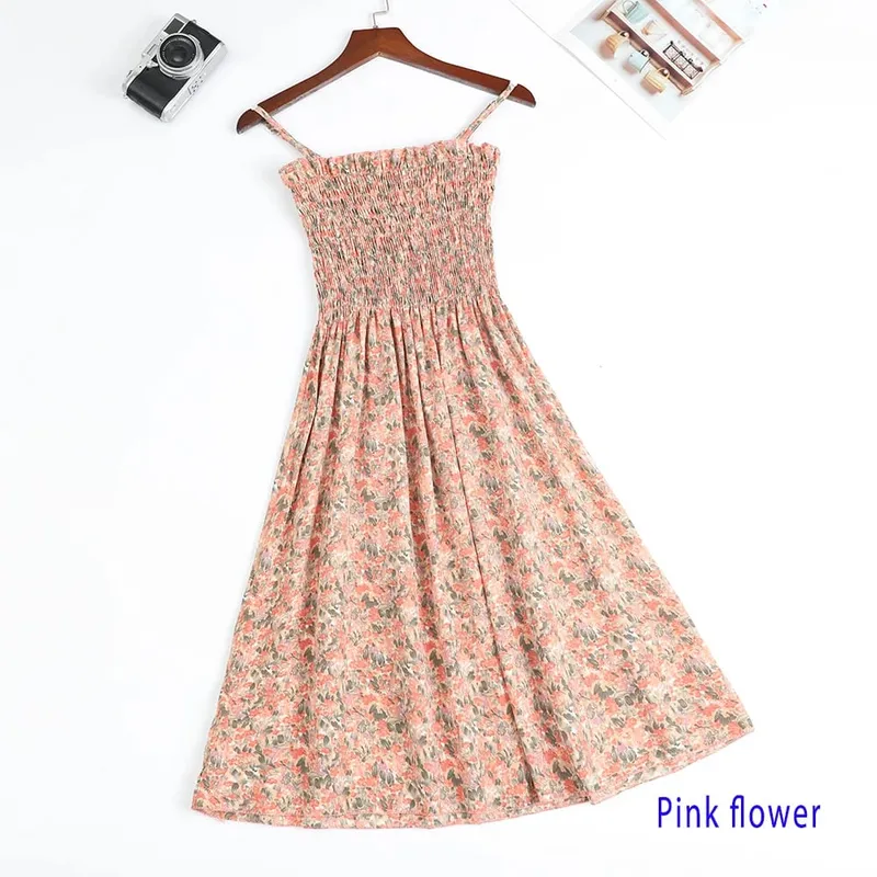 ฤดูร้อนมินิเดรสแฟชั่นหญิง Elastic High เอว Casual สปาเก็ตตี้สายคล้องคอผู้หญิงชุดชีฟอง Vestidos