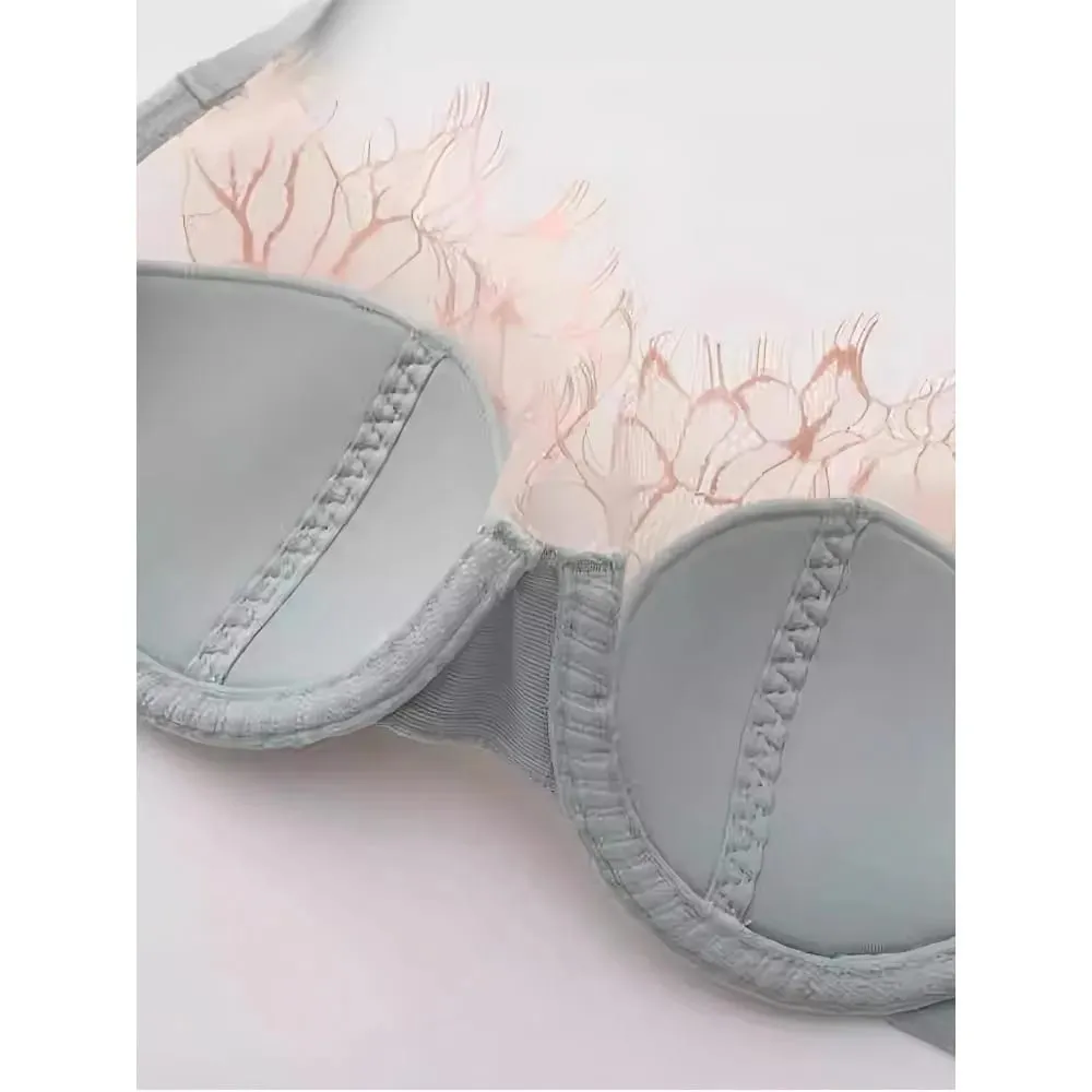 Women Sexy French Eyelash Lace Bra Set Hollow‑Out Lightweight Thin Comfort Push‑Up Lingerie Suit Skin Friendly 34‑38