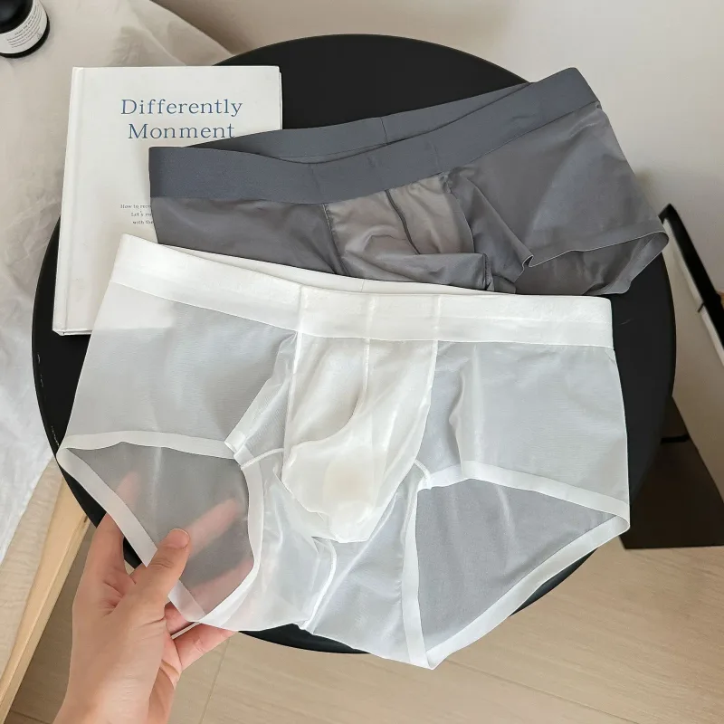 투명 남자 팬티 초박형 얼음 실크 빠른 건조 팬티 섹시한 U 벌지 주머니 남자 속옷 통기성 속옷 Cuecas