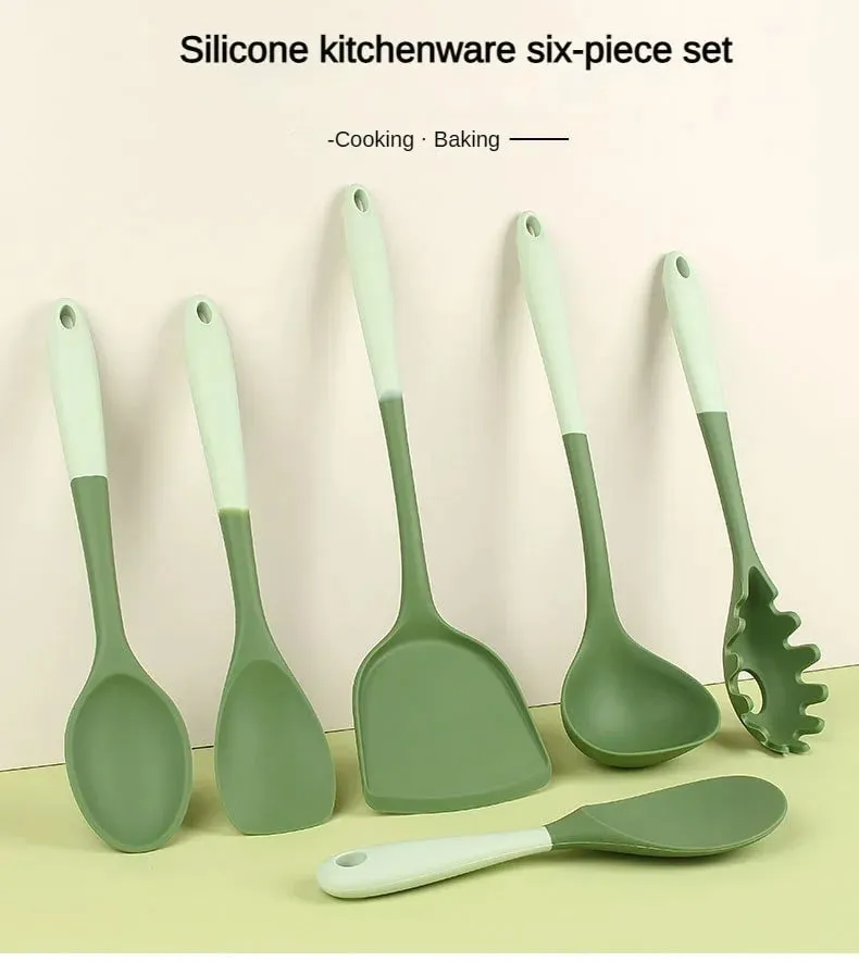 6-Piece Silicone Kitchen Utensil Set: Chinese Spatula Soup Ladle Slotted Turner Pasta Spoon Salad & Honey Scrapers for Non-S