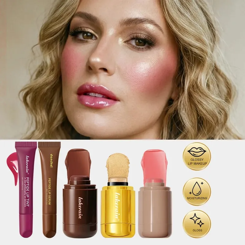 5pcs Face Makeup Set Bronzer Cream Contour Highlighter Blush Stick Transparent Tinted Moisturizing Lip Glaz Cosmetic For Women