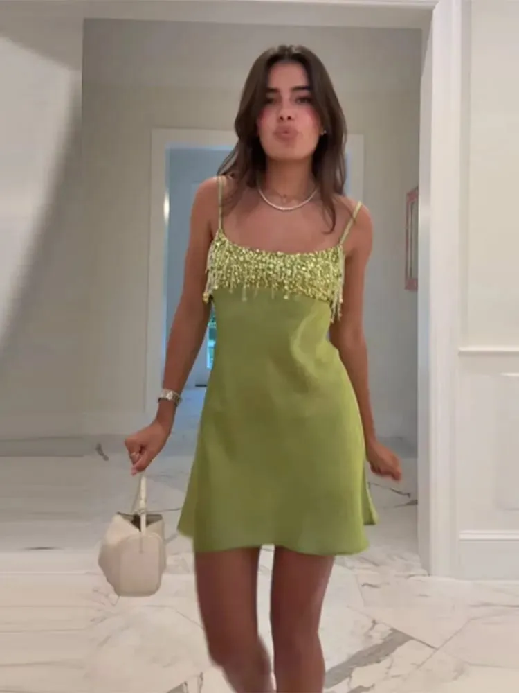 Fashion Sequin Fringe Mini Dress Sexy Spaghetti Strap Satin Slip Dresses Cocktail Party Club Vestido 2026 New Y2k Women Clothing