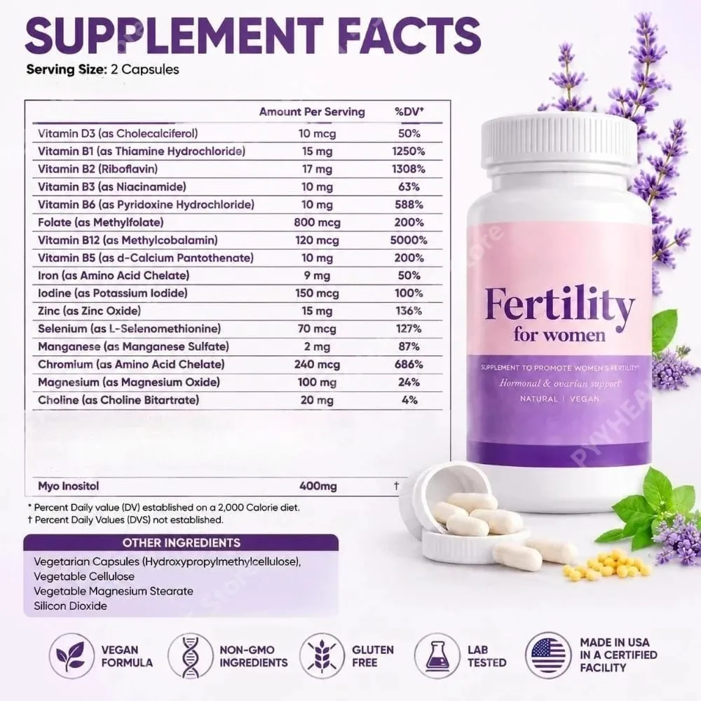 Cápsulas de fertilidade para mulheres Myo Inositol com metilfolato e multivitaminas hormonais e ovarianas para suporte à ovulação saudável 60 Cts — image 3