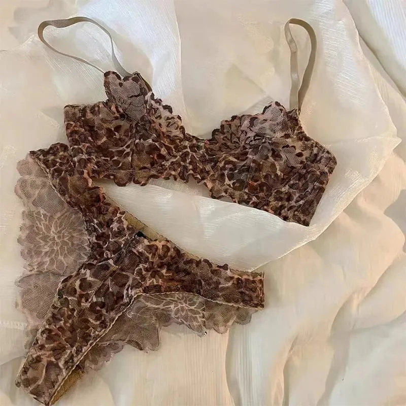 Women French Leopard Lace Minimizer Bra Set Ultra Thin Anti-Sagging Full Support Large Bust Breathable Lingerie Underwear Kit