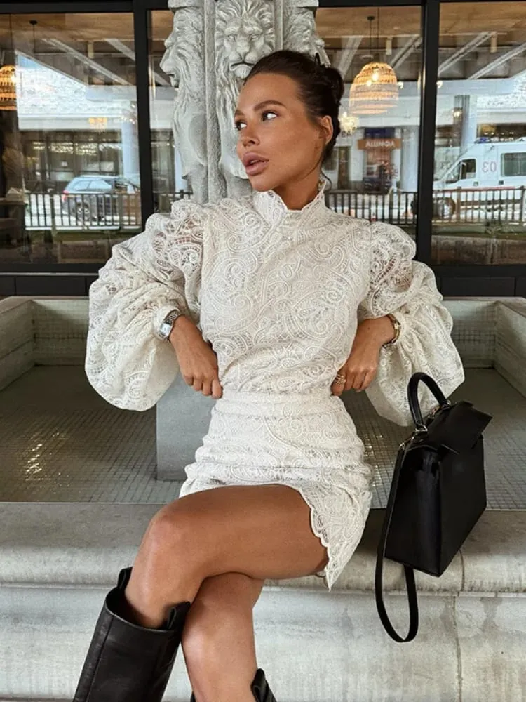 Kvinder Elegant Lace Hollow Out Minikjole Designs med fulde ærmer Chic High Neck Short Vestidos 2026 Trendy Spring Club Natkjoler — image 3