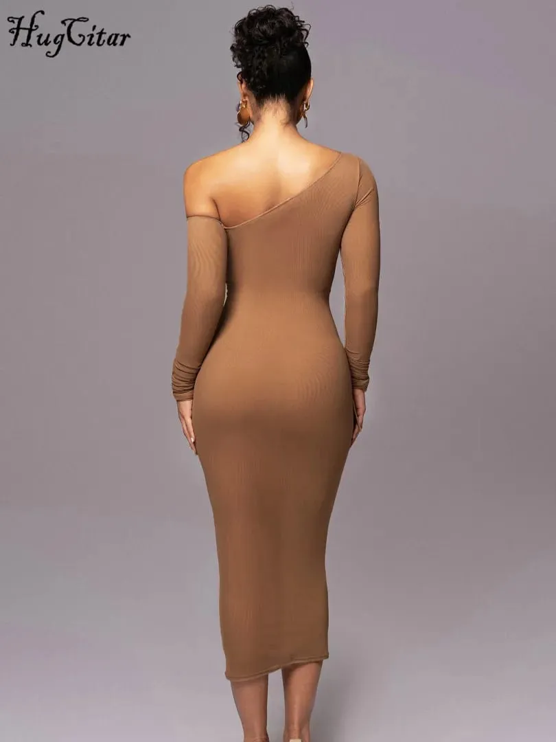 Hugcitar Mesh Pevný Diagonální límec Dlouhý rukáv Přehozený Sexy průsvitné bodycon Maxi šaty Letní móda Oblečení Festival Club