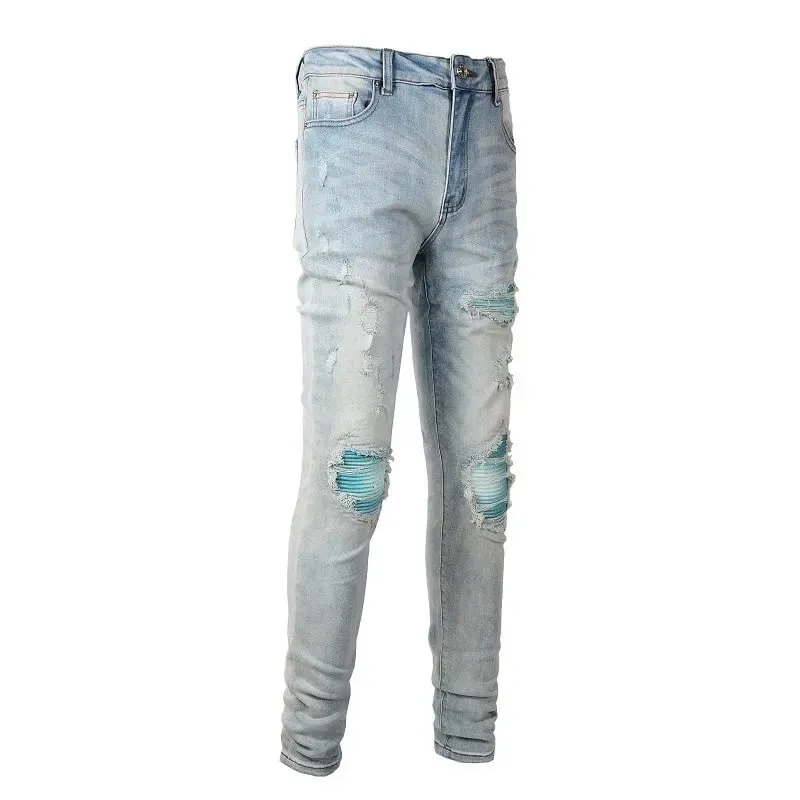 Hole Pencil Pants Men Washed Distressed Patchwork Jeans Low Waist 2024 Vintage Basics Ankle Length Trousers Skinny Denims — image 6
