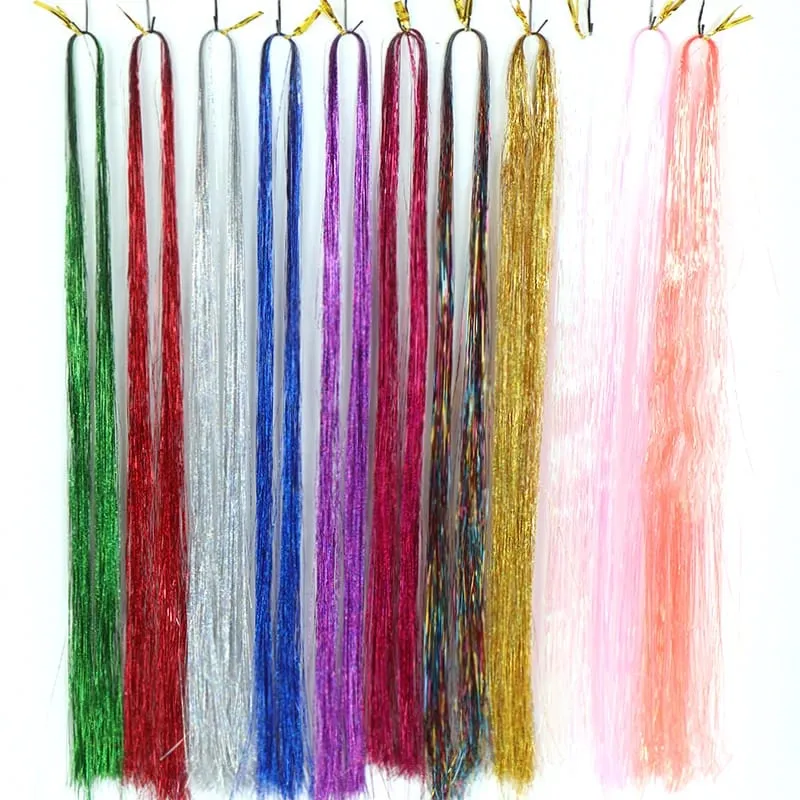 Synthetic Hair Tinsel Kit 48 inch Colourful Fairy Tinsel Hair Extensions Heat Resistant With Shiny Hair Accessories For Women