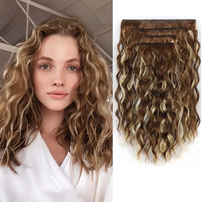 Zolin Synthetic Hair Clip in Hair Extensions 4pcs/set Short Wave Curly Hair Brown Blonde Color Hairpiece For Women Daily Use