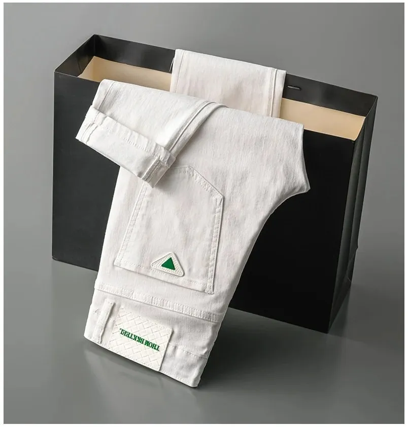 High-End White Jeans Men's 2024 Spring and Summer New Elastic Slim Fit Embroidery Trend Versatile Light Luxury Quality Pants