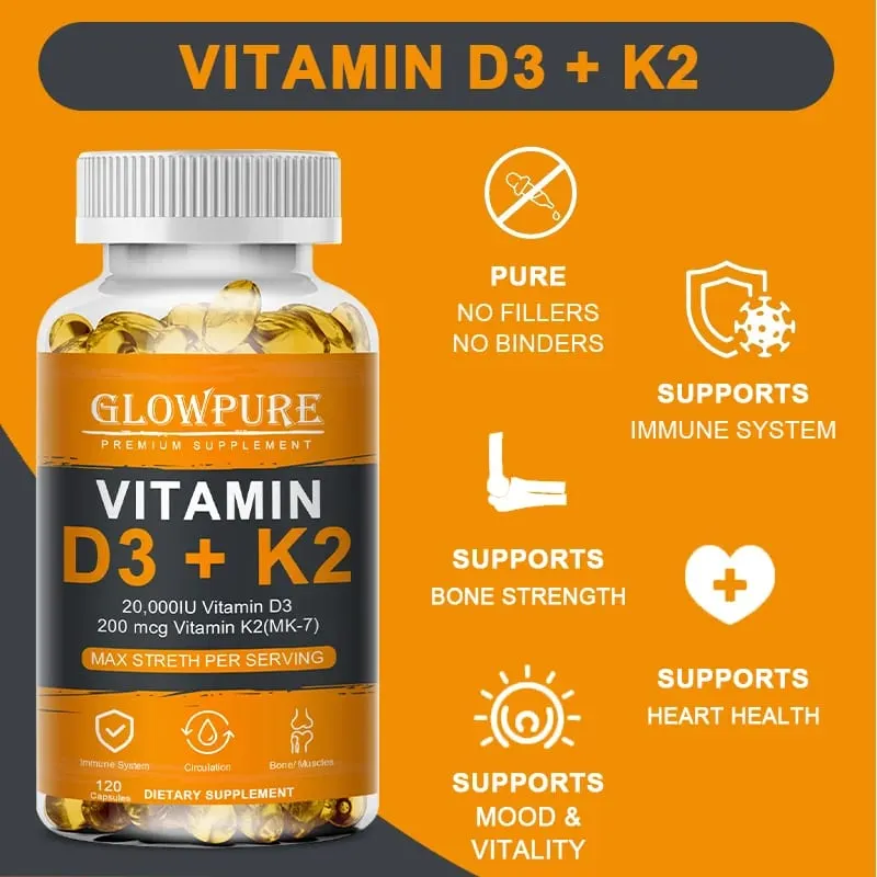 D3 K2 Vitamins Capsule for Bones Joint Calcium Absorption Cardiovascular Immune System Daily Health Supplement