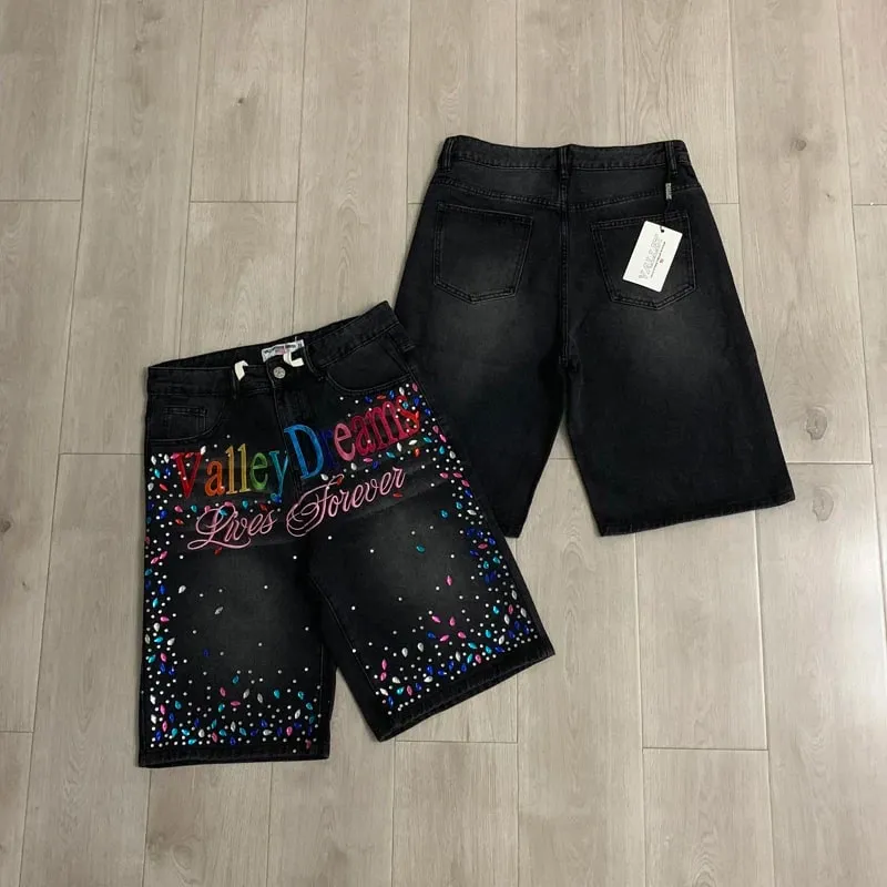 2026 Latest Style VALLEY Shiny Diamond Logo Denim Shorts Vintage Washed Men Women High Quality Fashion Skinny Jeans — image 3