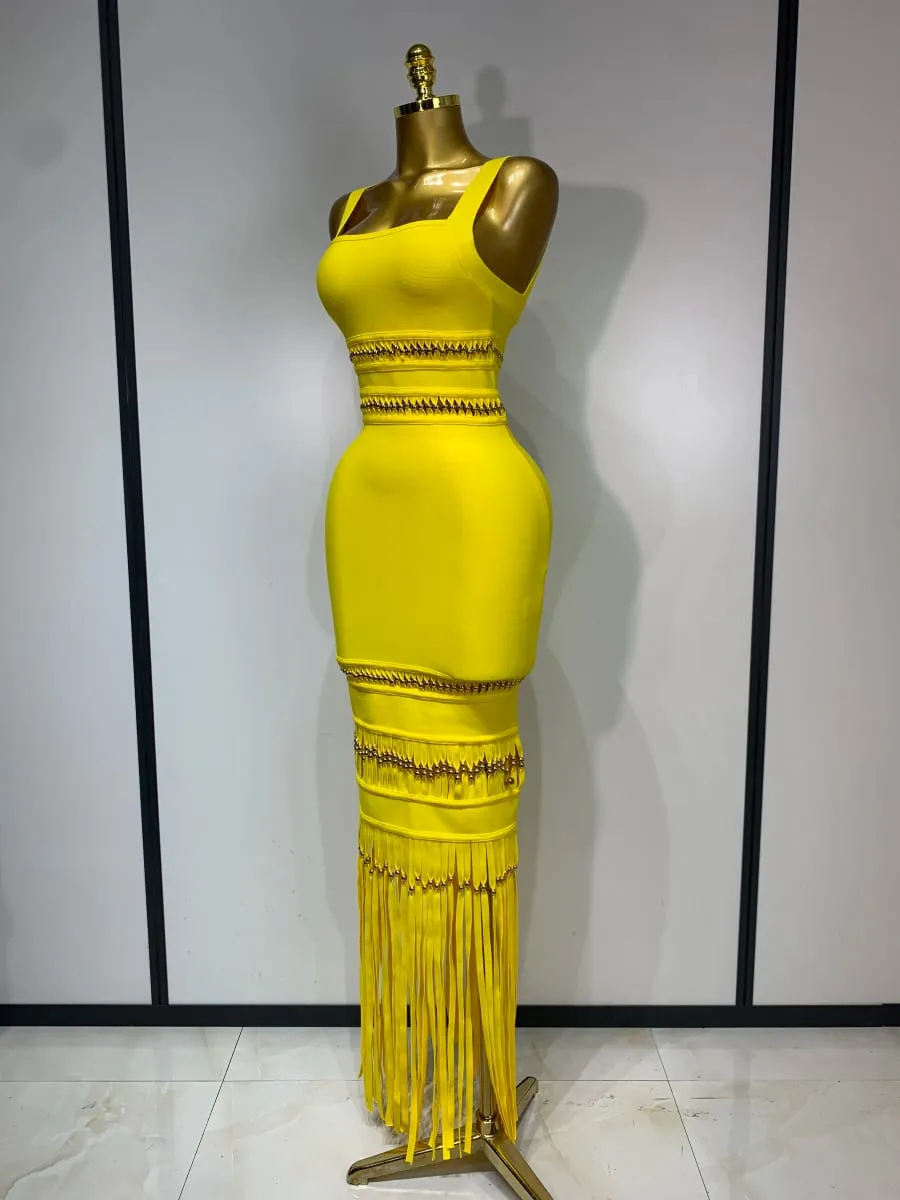 Mulheres sem mangas sexy gola quadrada borla bodycon bandage vestido celebridade elegante festa de noite vestido de aniversário de alta qualidade