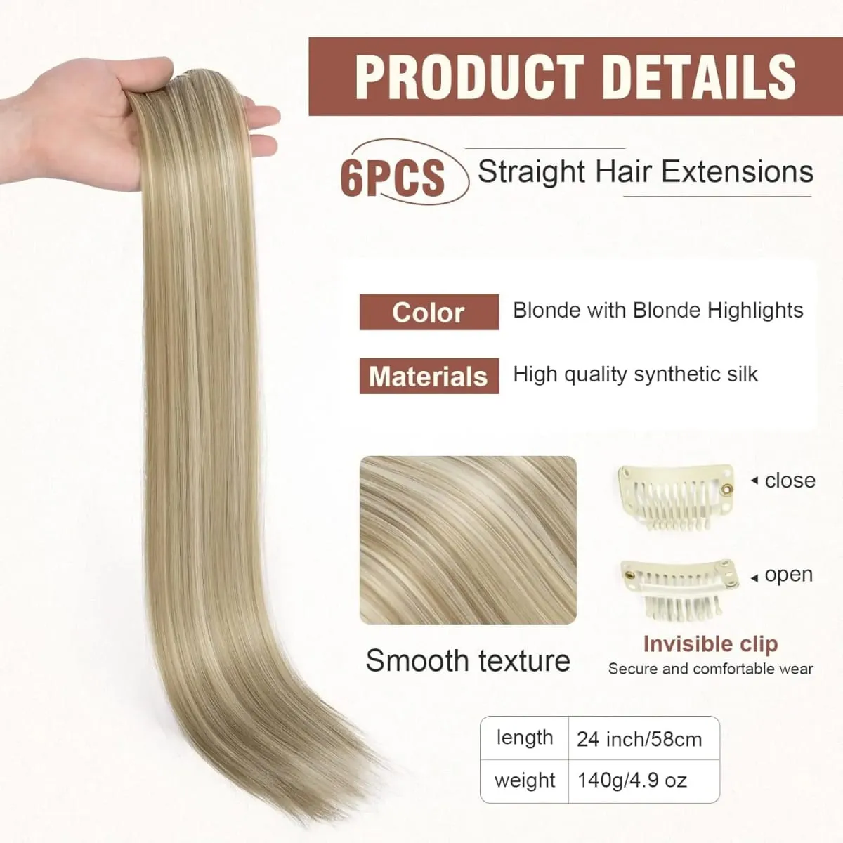 6Pieces/Set Clips in Hair Extensions 24 Inch Synthetic Long Straight Extensions for Women Hairpiece