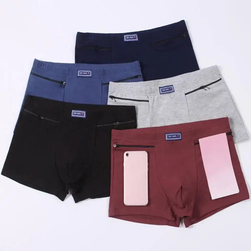 Men's Pockets Anti-theft Briefs Boxer Seamless Elastic Panties Solid Color U-Bump Male Shorts Underpants Daily Wear