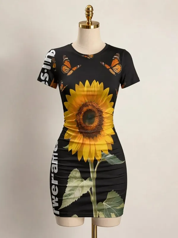 Mulheres manga curta bodycon mini vestido fino ajuste tripulação pescoço floral impressão casual festa de verão bonito elegante suave férias vestido de verão — image 11
