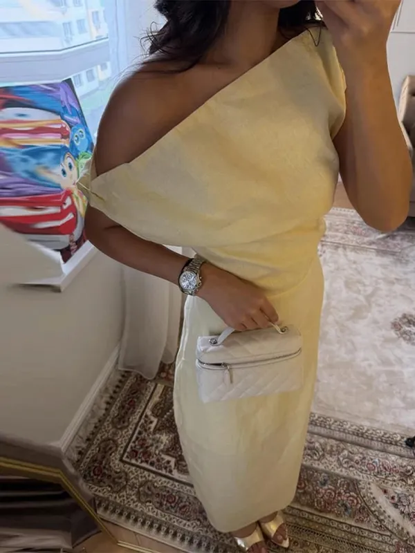 Off-shoulder Linen Maxi Dresses Pambabaeng Slim Waist-cinching Hip-wrap Ankle-length Dress 2026 Bagong Ladies Summer Solid Outwear